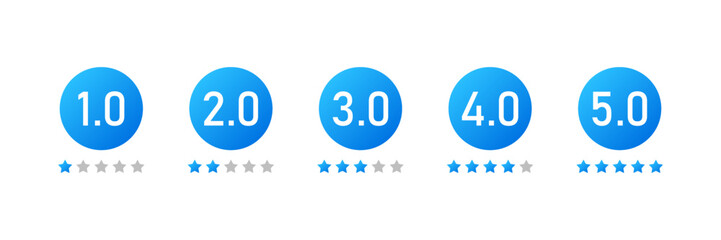 Star rating badges. Five Gold Star Review Rating, rating customer feedback on service or product quality. Star rating design elements set vector.