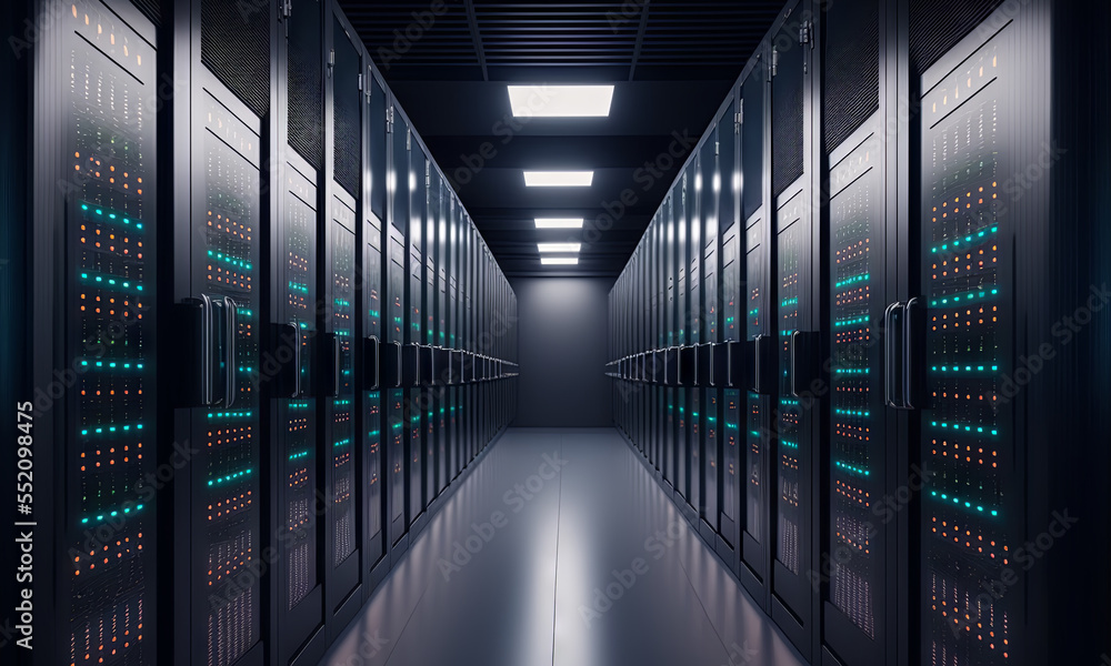 Fototapete Generative AI Imagery of dark servers data center room with computers and storage systems and glowing elements
