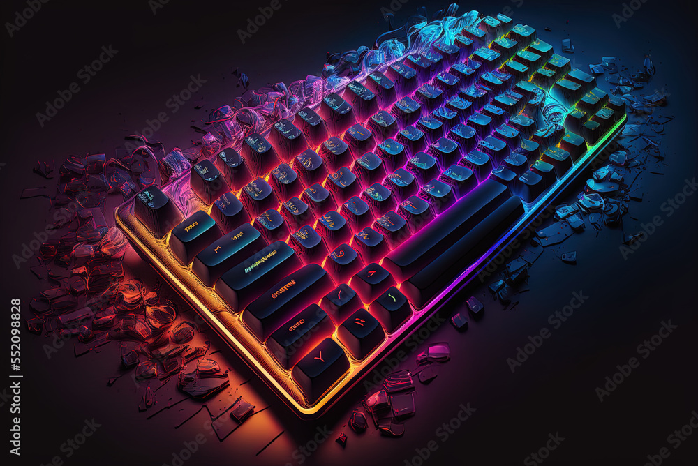 Aufkleber high-angle view of a neon-lit keyboard generative ai