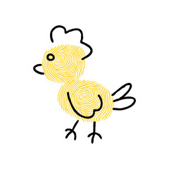 Colorful fingerprint chick cartoon illustration. Idea for painting animals with fingerprints for kids. Cute childish drawing. Game, learning, education, development concept.