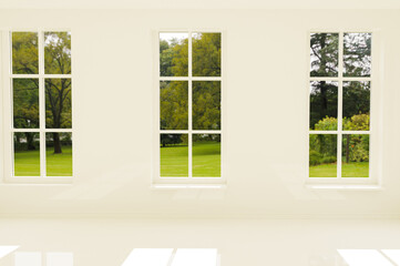 Fototapeta premium Corridor inside a light beige marble house with windows to the countryside. Interior design. 3d illustration.