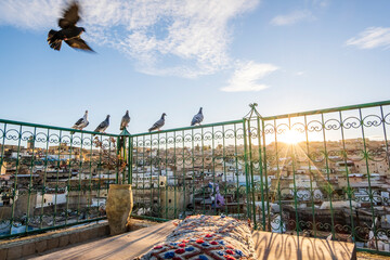 Pigeons resting on rooftop terrace in Medina during sunset, Fez, Morocco