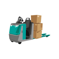Modern pallet truck with boxes cartoon illustration. Industrial forklifts for work in warehouse isolated on white background. Logistic, distribution, shipment, storage, transportation concept