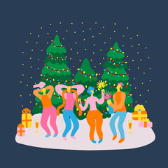 Vector hand drawn illustration with men and women celebrate New Year and Christmas. Man and woman having fun at a Christmas party. Christmas tree with a garland, gifts and group of funny people