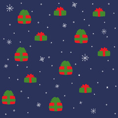 Vector hand drawn seamless pattern with celebration New Year. Endless print Christmas celebration symbols. Red and green gift box with snowflake