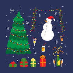 Vector hand drawn illustration with set for celebration New Year. Christmas celebration symbols. Christmas tree with a garland, gifts, snowflakes and snowman