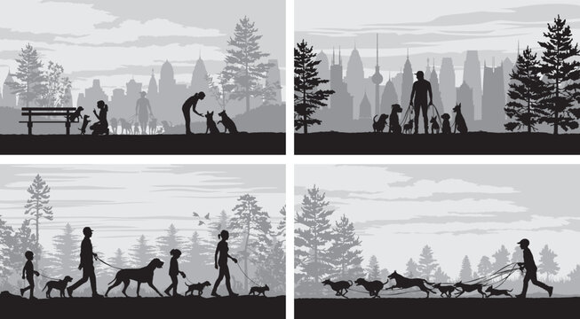 Man woman and children walk or run with  dog in the park forest or city vector landscape silhouette label collection in black and white