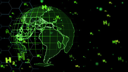global digital and hexagon and south east asia with bubbles green H2 text on black background