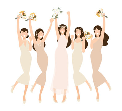 happy young bride and bridesmaid  party dance flat style