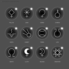 ASTEROID GODDESSES zodiac horoscope thin line label linear design esoteric stylized elements symbols signs. Vector illustration icons