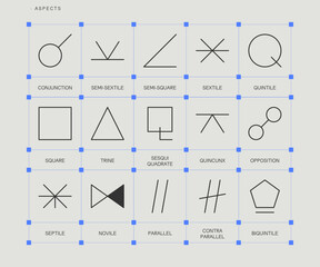 ASPECTS zodiac horoscope thin line label linear design esoteric stylized elements symbols signs. Vector illustration icons