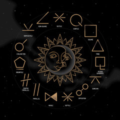 ASPECTS zodiac horoscope thin line label linear design esoteric stylized elements symbols signs. Vector illustration icons