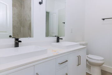 Stunningly remodeled master bathroom after renovation with marble sink