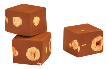 Dark chocolate candy pieces with nuts isolated on white background.