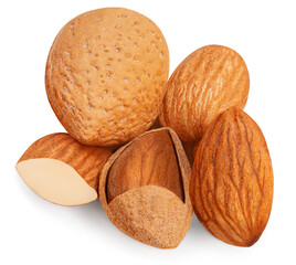 Almonds isolated on white background. Almond nut collection .