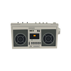 Old audio magnetic recorder cartoon illustration. Drawing of vintage tape recorder isolated on white background. Device for listening to music from cassette. Media, radio, entertainment concept