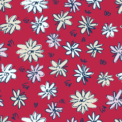 Seamless pattern with hand drawn flowers in Color of the year Viva Magenta for surface design and other design projects