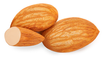 Almonds isolated on white background. Almond nut collection .