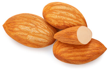 Almonds isolated on white background. Almond nut collection .