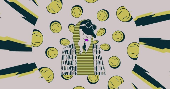 Fashion loop animation. Stylish illustration girl. 90s party vibes