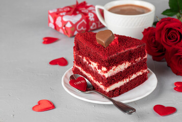 Piece of Red Velvet cake, cup of coffee, roses and gift for Valentines Day on light gray background