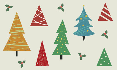 Set of Christmas trees in diferent styles and colors. Multicolored, flat style, abstract, cute, hand draw, minimalist and classical Xmas trees illustrations. Christmas ornaments and decor collection.