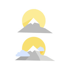 Set of logos from gray mountains with sun and clouds