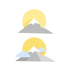Set of logos from gray mountains with sun and clouds