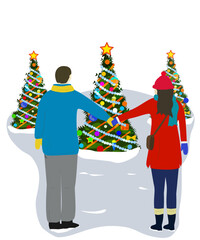 Happy family or couple walking together near the Christmas tree with garlands and baubles. Christmas and New Year banner, flyer, landing page.