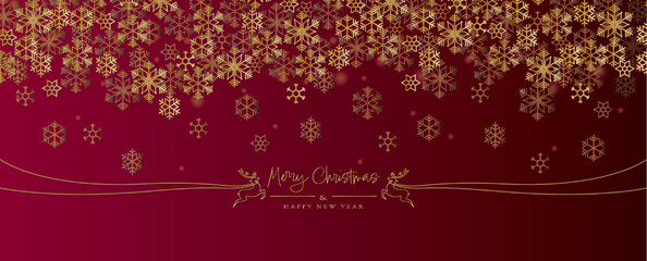 Merry Christmas banner with falling snowflakes on dark red background