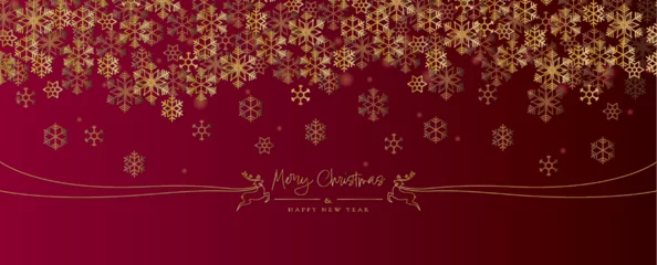 Fotobehang Merry Christmas banner with falling snowflakes on dark red background © Ester