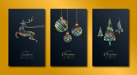 Fototapeten Set of modern Christmas cards with colourful elements on a dark background © Ester