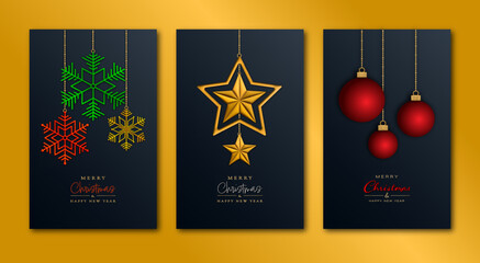 Set of modern Christmas cards with hanging elements on a dark background © Ester