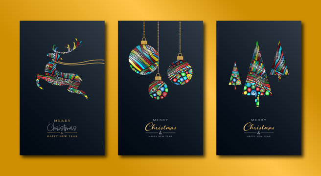 Set of modern Christmas cards with colourful elements on a dark background