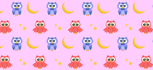 seamless pattern with birds and stars. owls sitting on the moon at night