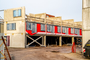 Obraz premium Construction of a prefab apartment buiding in the Netherlands 