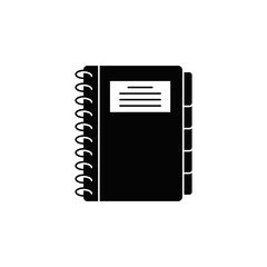 Notebook icon in black flat glyph, filled style isolated on white background