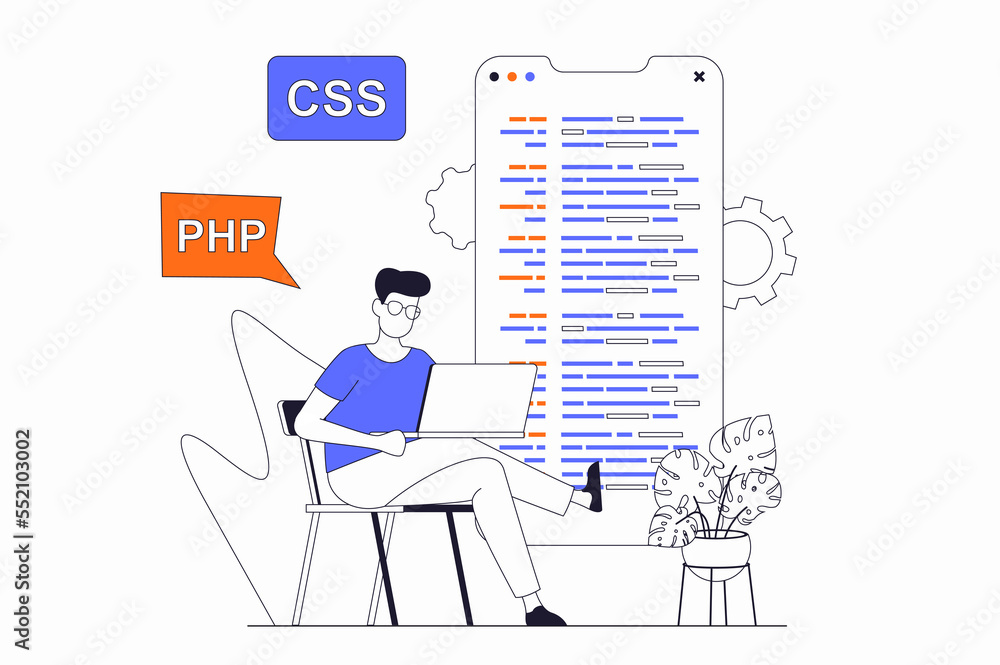 Poster Programmers working concept with people scene in flat outline design. Man developer works with code, fixes bug and creates mobile application. Illustration with line character situation for web
