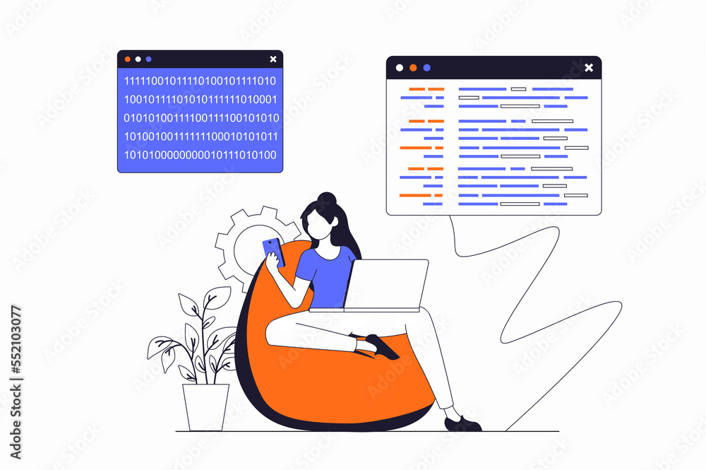 Fototapete Programmers working concept with people scene in flat outline design. Woman working with code on different screens, optimizes and tests. Illustration with line character situation for web