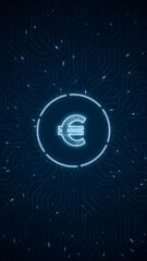Blue digital money logo and futuristic technology circle HUD with circuit board and data transfer on abstract background financial concepts
