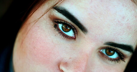 Naklejka premium Young woman eyes staring at camera, macro close-up face