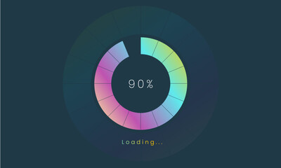 90 percent loading user interface, A Futuristic loading icon, colorful loading tap menu UI, use for Download progress, web design template, interface uploading design.