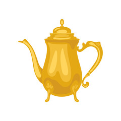 Vintage gold teapot vector illustration. Cartoon drawing of golden container for tea with handle isolated on white background. Vintage, luxury concept