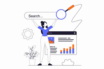 Seo optimization concept with people scene in flat outline design. Woman adjusts site metrics, analyzes keywords and optimizes data settings. Illustration with line character situation for web
