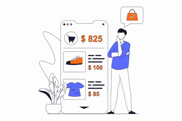 Online shopping concept with people scene in flat outline design. Man chooses goods on store website and makes order in mobile application. Illustration with line character situation for web