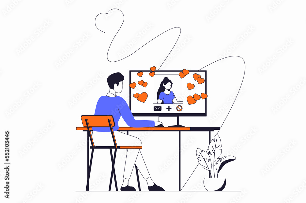 Poster social network concept with people scene in flat outline design. man views new posts using computer 
