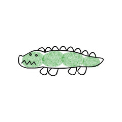 Cute fingerprint crocodile cartoon illustration. Idea for painting animals with fingerprints for kids. Colorful childish drawing. Game, learning, education, development concept.