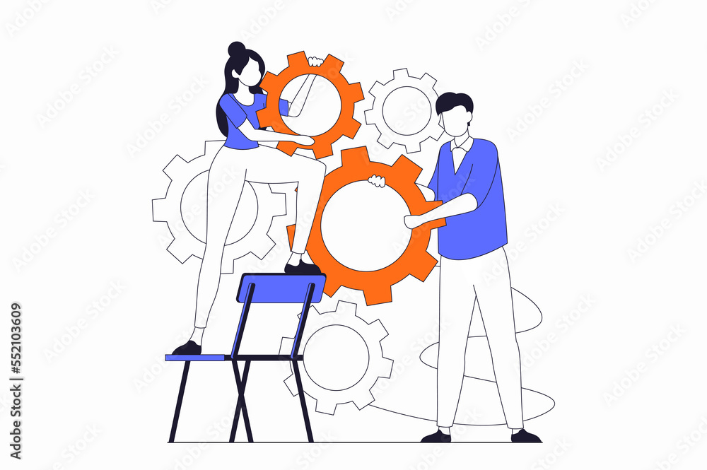 Poster teamwork concept with people scene in flat outline design. woman and man holding gears and set up wo