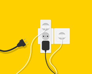Multi-socket adapter, electrical extension cord.Overload of the electrical network. Many plugs, wires and electrical appliances are included in the socket. Vector illustration.