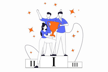 Teamwork concept with people scene in flat outline design. Woman holding golden winning cup and celebrating victory together with colleagues. Illustration with line character situation for web